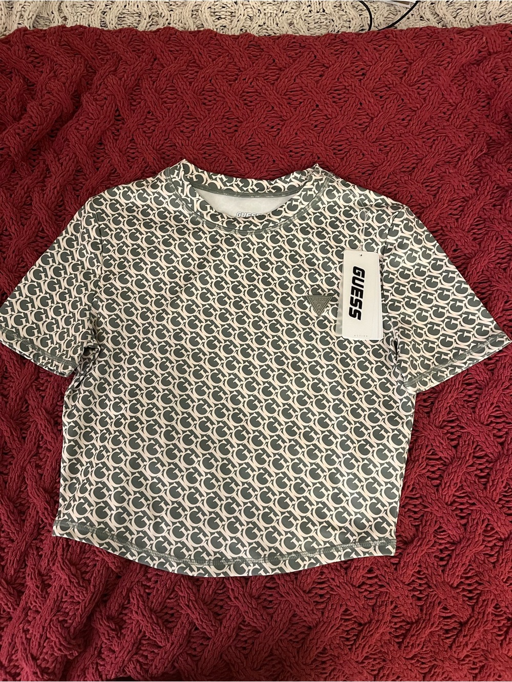 Guess Green and White Logo-Print Crop Muscle Tee